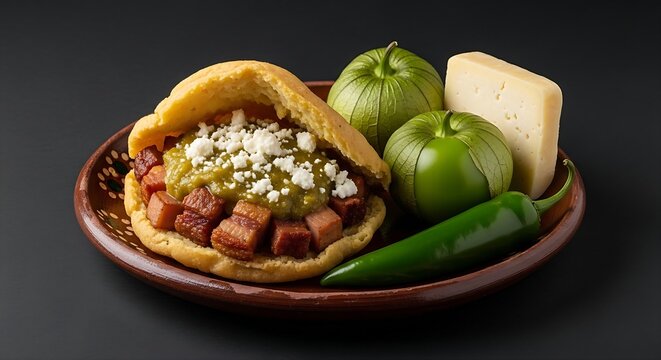 hearty Gordita split open like a pocket, resting on a dark rustic terracotta plate. The thick fried corn pocket is overflowing with a rich, glistening filling of crispy pork chicharron simmered in a s