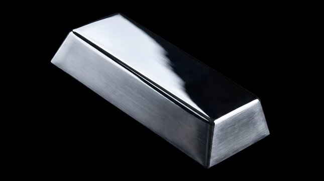 A single polished silver bullion bar isolated on black background