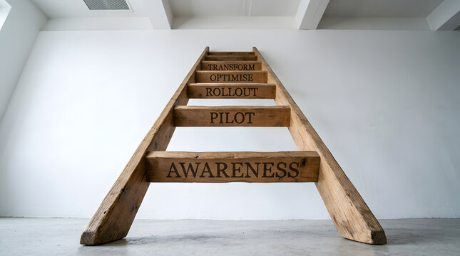 business transformation process stages | wooden ladder for corporate growth | strategic planning for digital transformation | awareness to transformation roadmap
