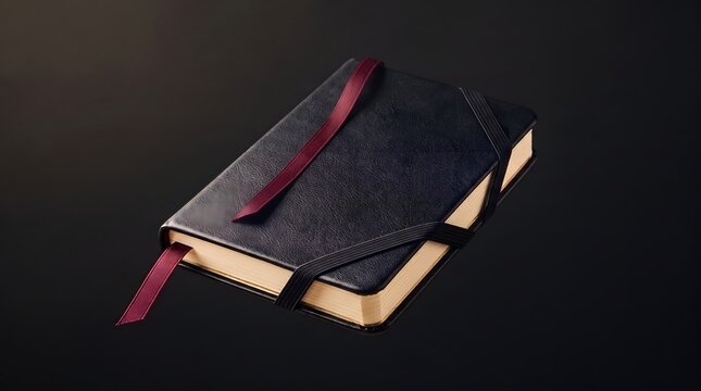 Closed black leather diary or journal with a maroon bookmark ribbon