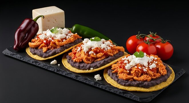 crispy golden Tostadas de Tinga placed gently on a dark slate block. Each flat, fried corn tortilla base is piled high with refried black beans, juicy shredded chicken tinga simmered in a smoky chipot