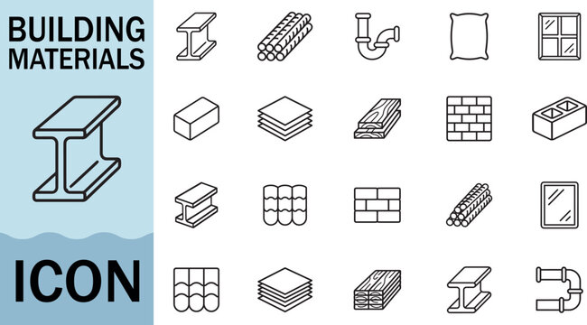 Industrial construction building materials icon set line art