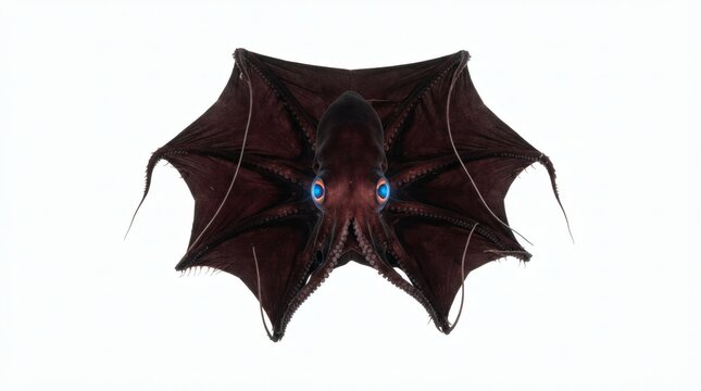 Vampire squid with webbed arms and glowing blue eyes isolated on white background, deep sea marine life creature
