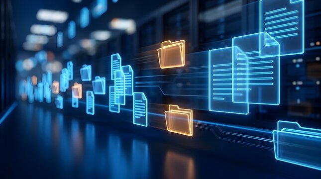 Glowing digital files and folders flowing through a high-tech server room, symbolizing secure data management and cloud storage solutions.