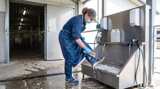 Biosecurity and farm hygiene concept, a worker wearing protective gear cleaning and scrubbing boots at a sanitation station in a modern animal facility.