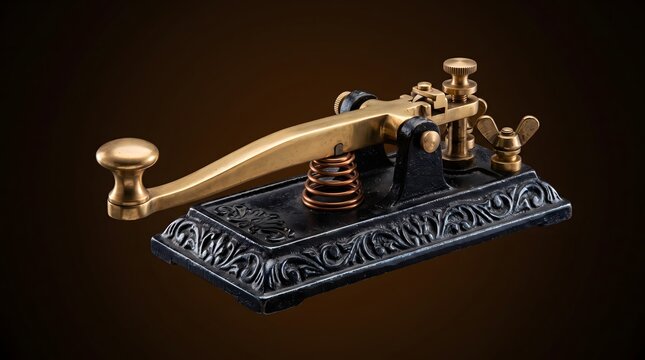 Vintage brass telegraph key device for sending morse code messages isolated on dark background