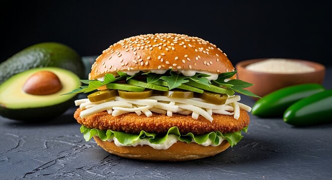  traditional Mexican Cemita Poblana sandwich sitting proudly on a dark gray concrete surface. The sesame-seeded brioche-style egg bun is packed to the limit with a crispy breaded milanesa cutlet, thic