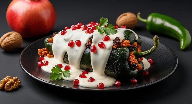  majestic Chile en Nogada served on a dark, elegant ceramic plate. The large poblano pepper is stuffed to capacity with a savory-sweet picadillo filling of minced pork, dried fruits, and walnuts. It i