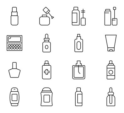 Minimalist cosmetic line icons, set of 16 beauty product vector symbols, skincare and makeup bottle outline illustrations for packaging design