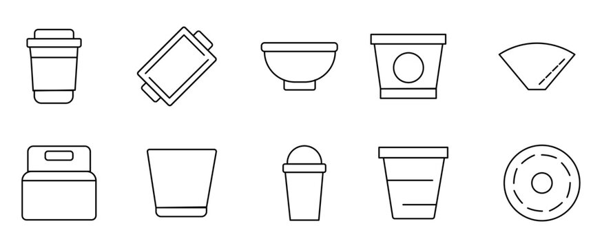 Minimalist food packaging icons set, 10 takeaway container line vector illustrations, disposable coffee cup and food box symbols for branding