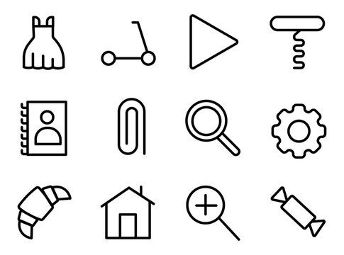 Minimalist line icon set, 12 black outline vector symbols for web and mobile UI, simple stroke interface elements for business and lifestyle apps