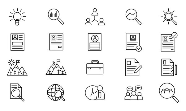 Minimalist human resources line icons, 20 recruitment and hiring vector symbols, professional business career and employment outline set