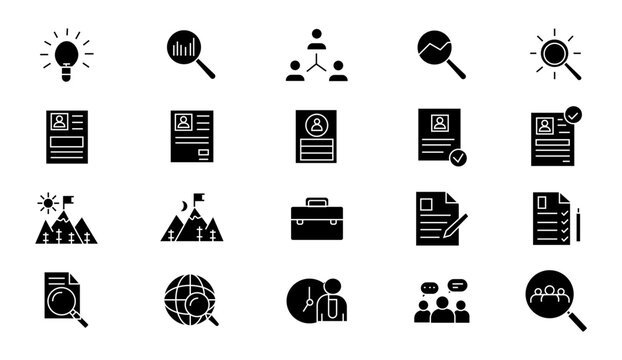 Business management and human resources icon set, 20 black solid vector icons, professional recruitment and corporate strategy symbols for web design
