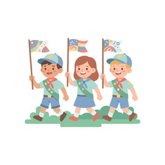 Obraz premium Children Scouts Marching with Flags in Parade - Diversity and Unity