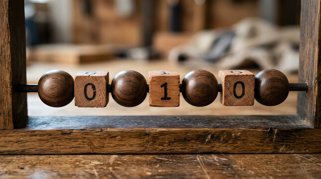 vintage wooden binary code abacus | analog representation of digital data | educational computer science logic toy | rustic blocks with binary digits