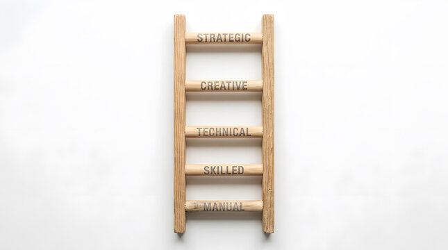 professional career progression ladder stages | business skill levels hierarchy concept | strategic and creative development steps | wooden ladder with professional job categories