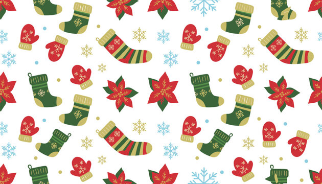 Seamless Christmas pattern featuring green socks, red mittens, holiday poinsettia flowers, and light blue snowflakes on white.