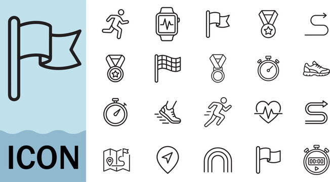 Running and sports icon set for race event finish line flag