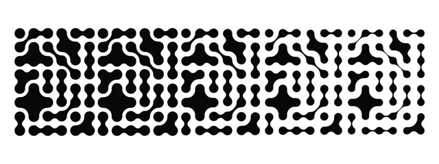 Black and white abstract pattern featuring interconnected rounded blobs, organic fluid shapes, and repeating geometric cellular structures on a white background