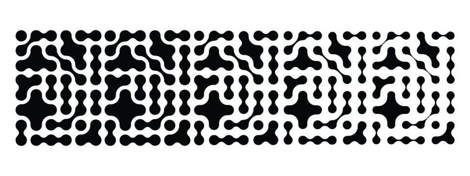 Black and white abstract pattern featuring interconnected rounded blobs, organic fluid shapes, and repeating geometric cellular structures on a white background
