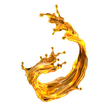 A splash of golden oil liquid rises and twists in the air against a white background. The liquid forms droplets and arcs, illustrating motion and fluidity. 3d render