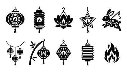 Naklejka premium Detailed black and white mid autumn festival lantern icons with flame symbols and patterns.