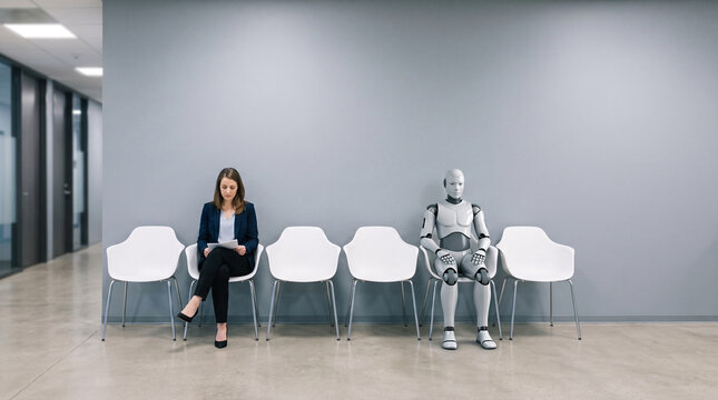 Woman and robot wait for job interview in modern office