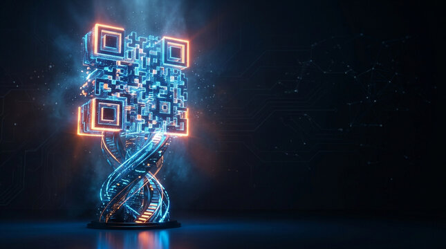 3D digital QR code glowing with orange and blue light, mounted on a twisted helix structure with particles, circuit board background, and futuristic data visualization elements.