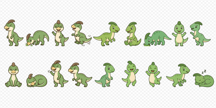 Cute cartoon green parasaurolophus dinosaur character in various poses and actions, set of adorable illustrations for children.