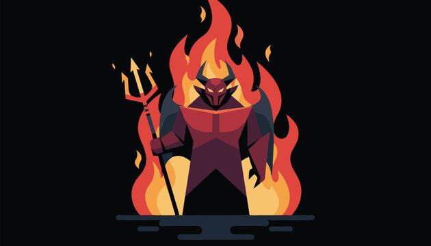 Fierce red devil character holding golden trident pitchfork while standing in burning hell fire flames background.