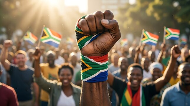 Powerful raised fist wrapped in South African flag symbolizing freedom, unity, and national pride in a crowd