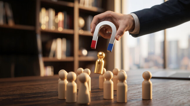 The Magnet of Success Concept Showing Hand Holding Magnet Attracting Golden Figure Symbolizing Leadership