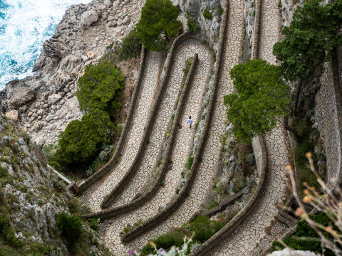 Italy, Campania, Capri, Via Krupp, Giardini di Augusto from above