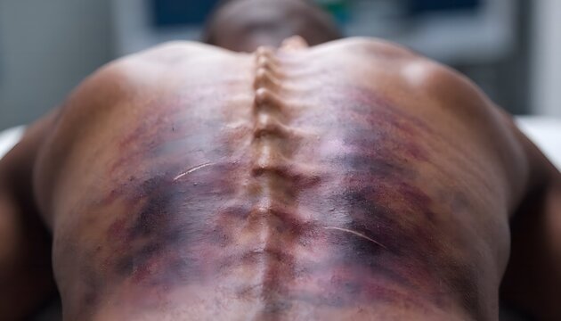 Spine area contusion with visible vertebral column bruising. Clinical posterior close-up photography of backbone trauma and medical examination for diagnosis.