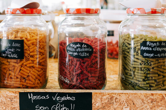 Gluten free pasta in glass jars at a zero waste store