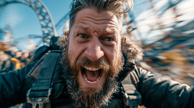  Very emotional bearded man screaming during a thrilling roller coaster ride, action camera POV.