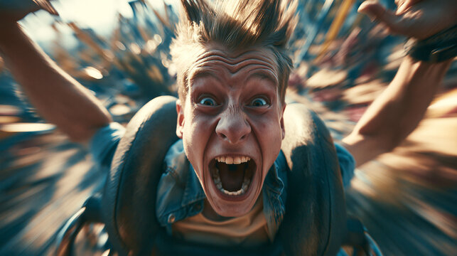 > Pure adrenaline rush: Thrilled young man with windblown hair screaming in extreme excitement on a high-speed roller coaster.
