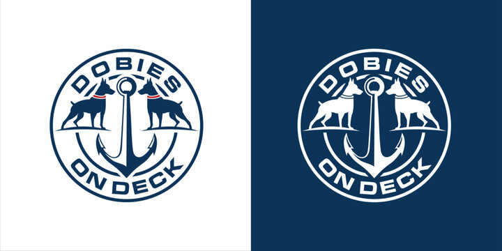 Two Dobies on deck with anchor and elephant illustration