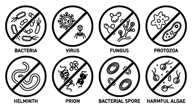 Microorganisms and Pathogens with Prohibition Symbols in a Medical Illustration Featuring Bacteria, Virus, Fungus with Protozoa