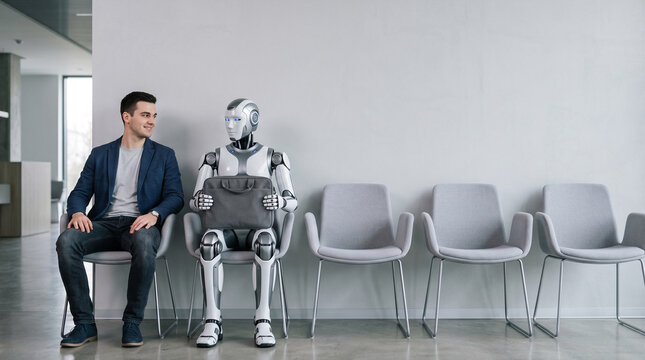 Man and humanoid robot waiting in chairs for job interview