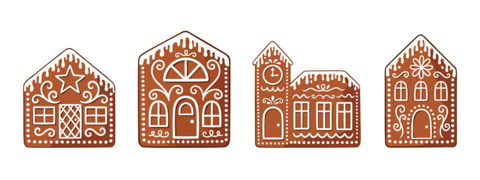 Set of four gingerbread house with white icing decorations, featuring star, clock tower, and floral patterns on brown cookie textures