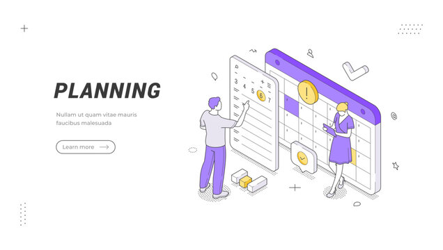 Creative isometric banner template showing project planning and time management. This vector illustration is perfect for scheduling application landing pages and organizational concept designs