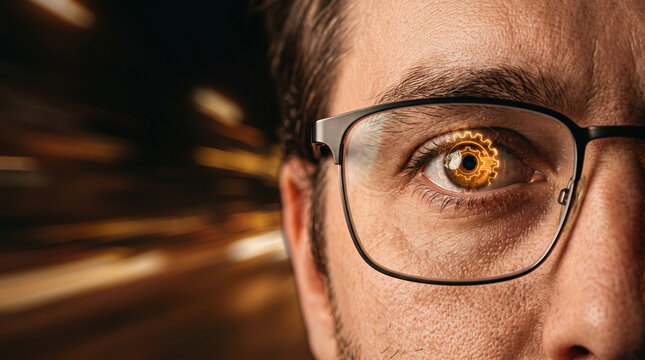Man's eye with technological gear overlay, reflecting futuristic data streams