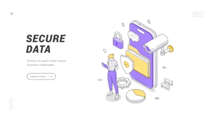 Cybersecurity technology and network safety service isometric banner template. Vector illustration of a private information protection system. Cloud storage and server data encryption concept © provectors
