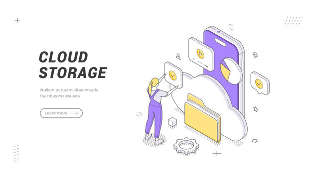Online file hosting and data backup technology service isometric banner template. Vector illustration of a user uploading documents to a remote server for information synchronization and sharing