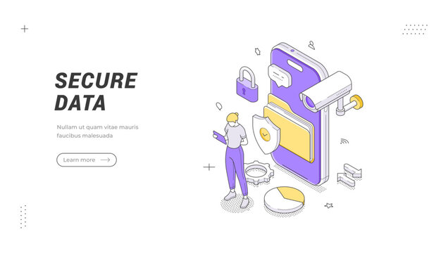 Cybersecurity technology and network safety service isometric banner template. Vector illustration of a private information protection system. Cloud storage and server data encryption concept