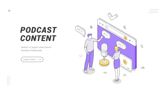 Digital audio streaming and online radio show production isometric banner template. Vector illustration of a media host recording a podcast with a microphone for an internet broadcast interview