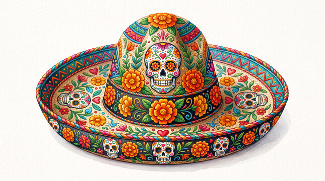 Festive sombrero decorated with colorful sugar skulls and flowers