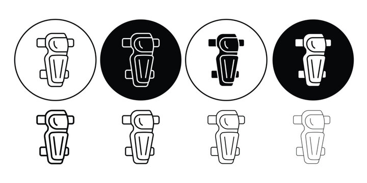 Collection of shin guard icons in outline and solid style representing protective sports equipment gear.
