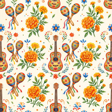 Seamless pattern of colorful Mexican guitars and maracas with flowers